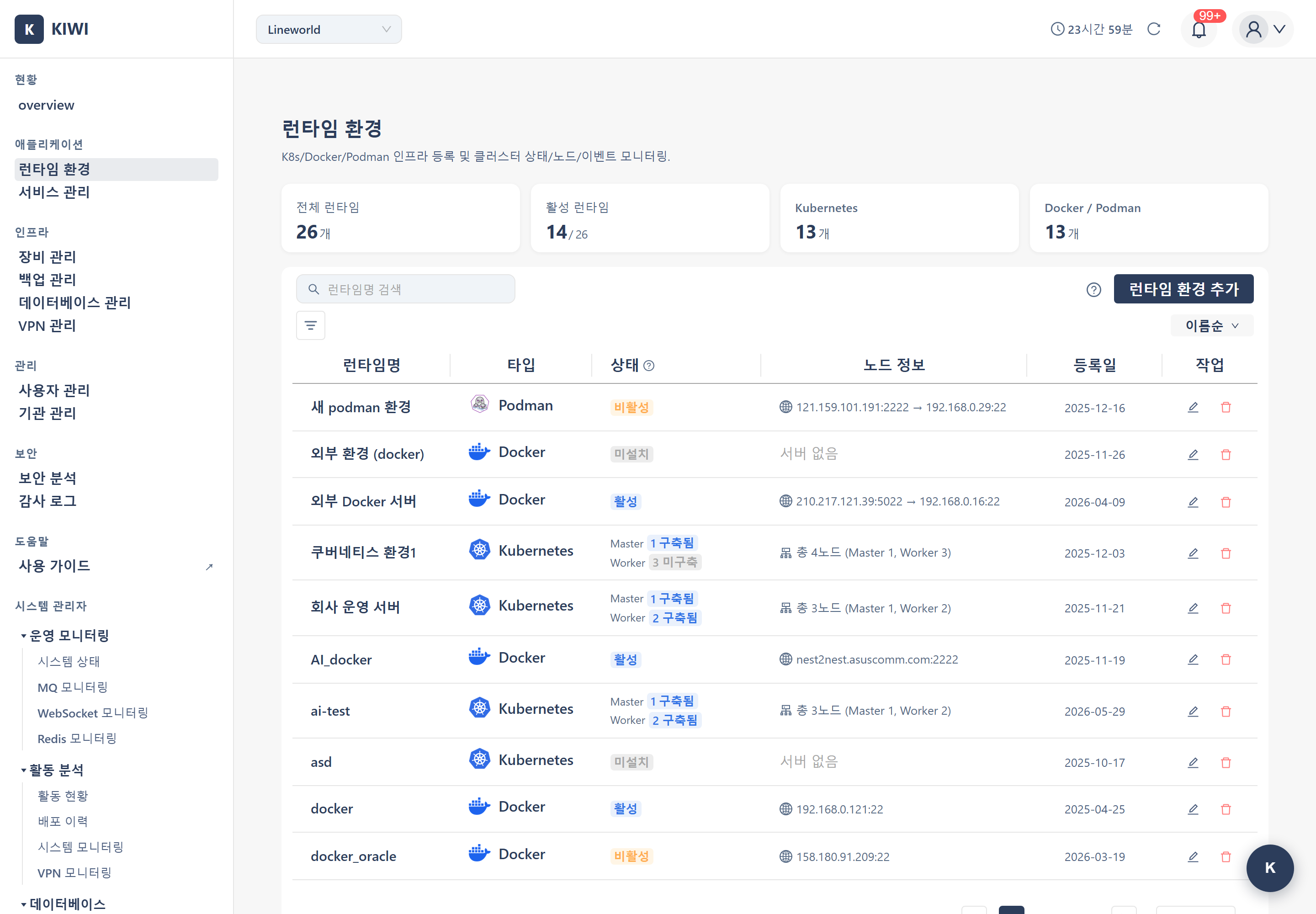 Runtime Environments Screen